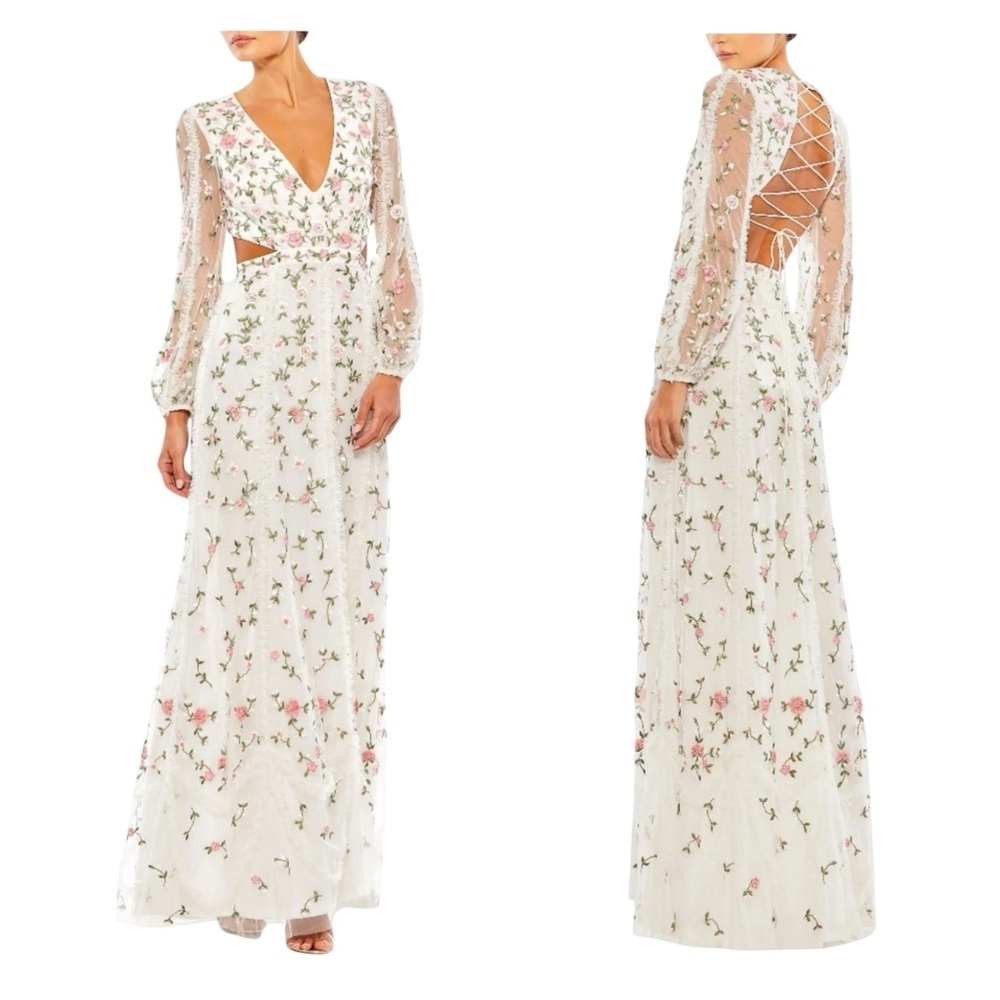 Mac Duggal New 70159 White Floral Embroidered Long Sleeve A-Line Cut Out Gown 0